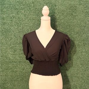 Papaya Black Wrap Blouse with Smocked Waist
